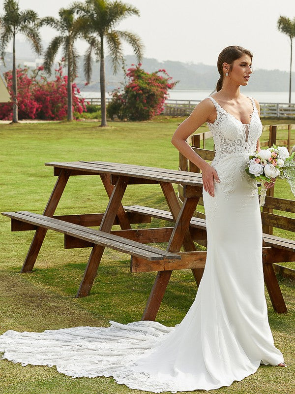 Aimishang  Sheath/Column Stretch Crepe Lace V-neck Sleeveless Cathedral Train Wedding Dresses