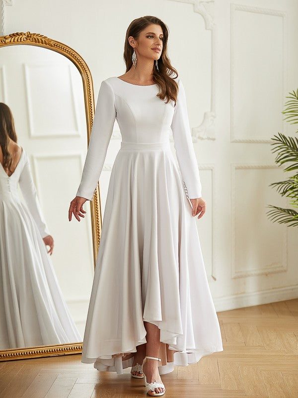 Aimishang  A-Line/Princess Stretch Crepe Ruffles Scoop Long Sleeves Asymmetrical Wedding Dresses