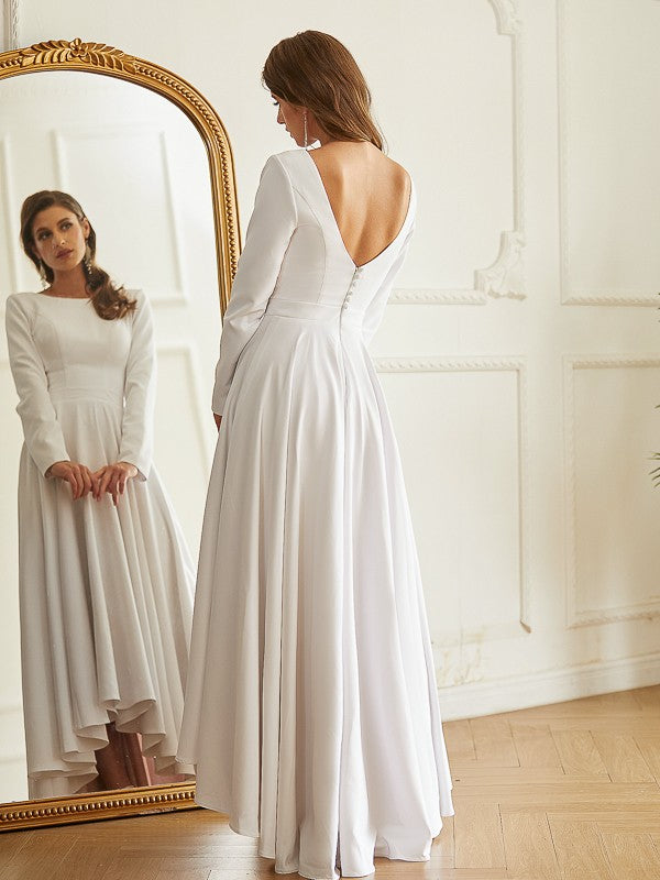 Aimishang  A-Line/Princess Stretch Crepe Ruffles Scoop Long Sleeves Asymmetrical Wedding Dresses