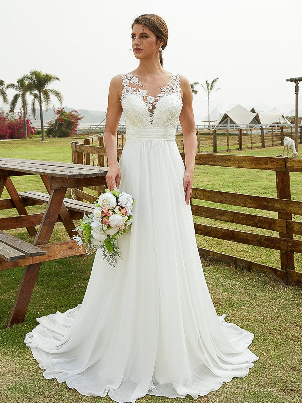 Aimishang  A-Line/Princess Chiffon Lace Scoop Sleeveless Sweep/Brush Train Wedding Dresses
