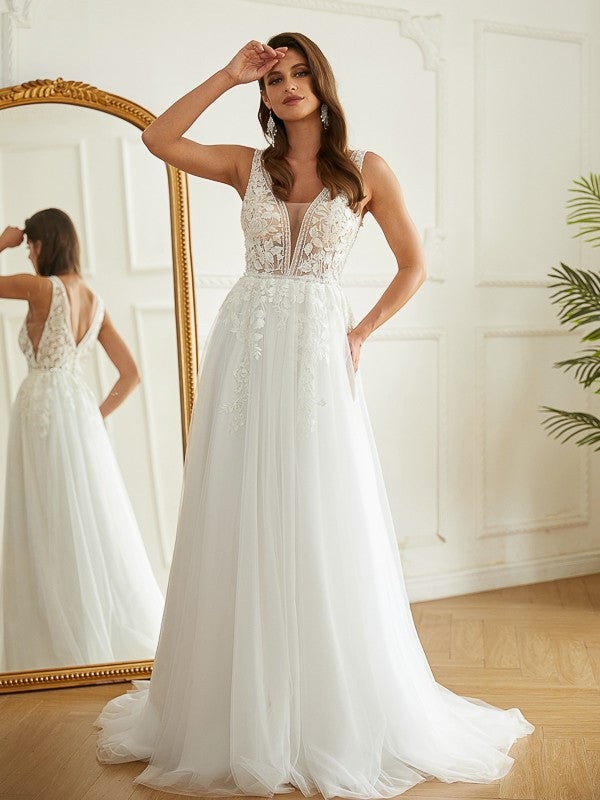 Aimishang A-Line/Princess Tulle Applique V-neck Sleeveless Sweep/Brush Train Wedding Dresses