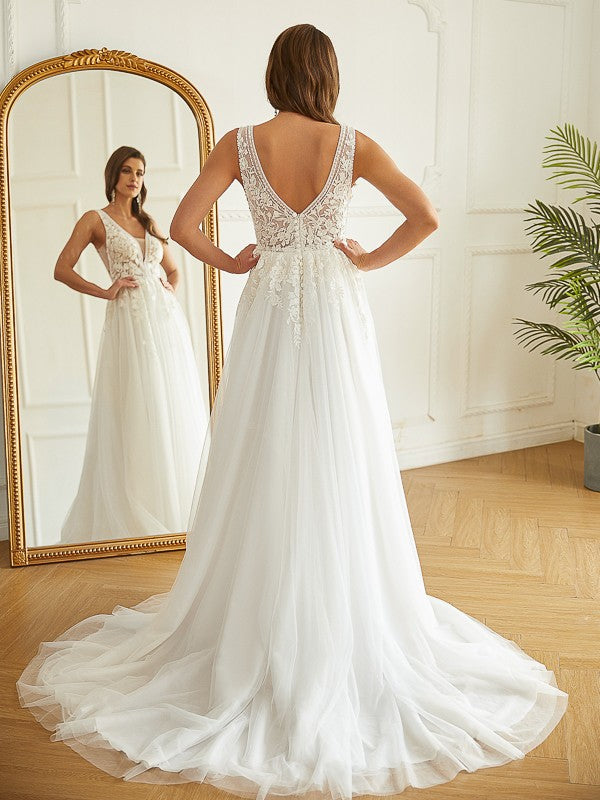 Aimishang A-Line/Princess Tulle Applique V-neck Sleeveless Sweep/Brush Train Wedding Dresses