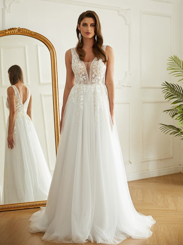 Aimishang A-Line/Princess Tulle Applique V-neck Sleeveless Sweep/Brush Train Wedding Dresses