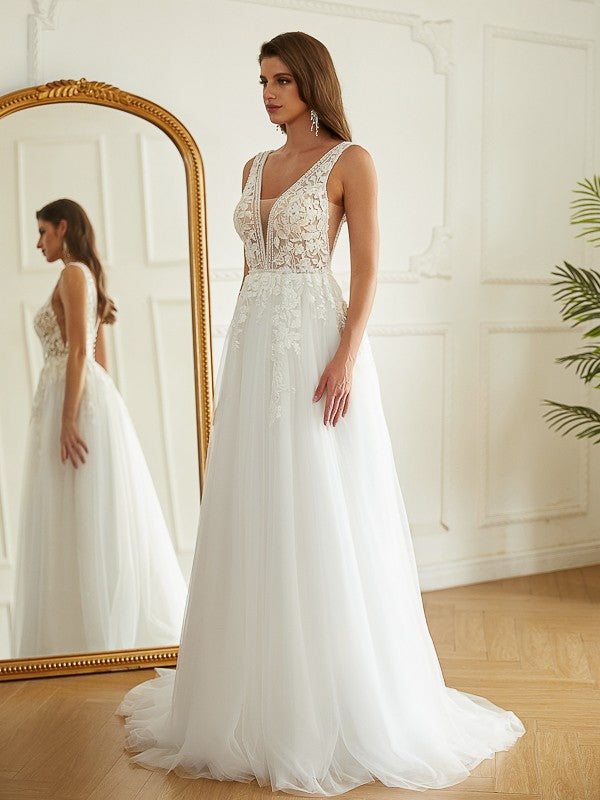 Aimishang A-Line/Princess Tulle Applique V-neck Sleeveless Sweep/Brush Train Wedding Dresses