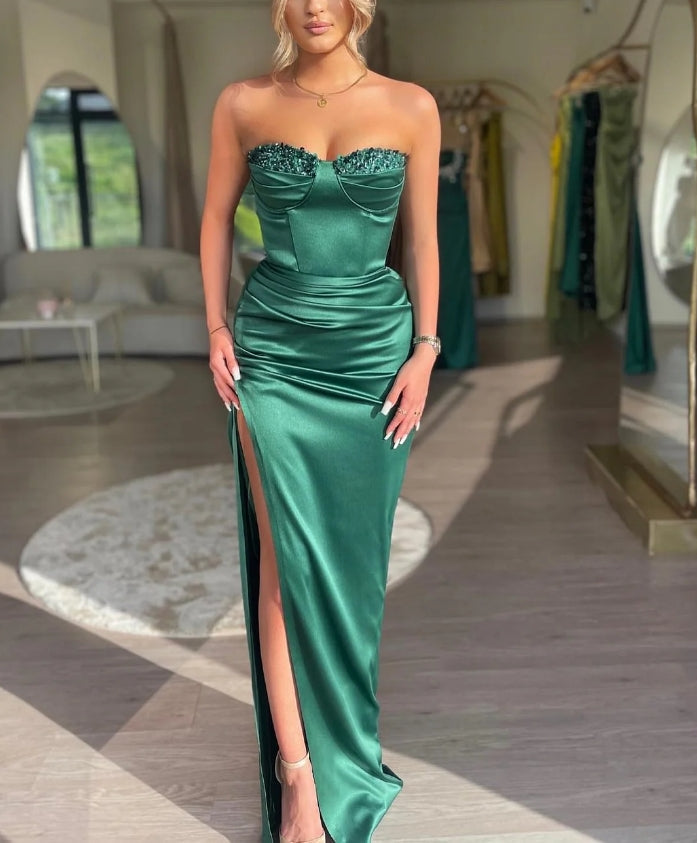 Green Beading Strapless Satin Mermaid Long Prom Dress with Slit Off Shoulder Evening Dress