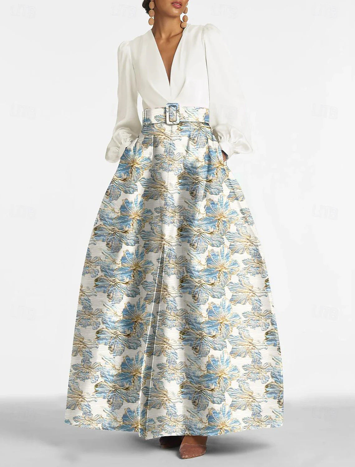 A-Line Floral with Print Evening Gown Elegant Metallic Dress Formal Prom Floor Length Long Sleeve V Neck Belt / Sash Nylon