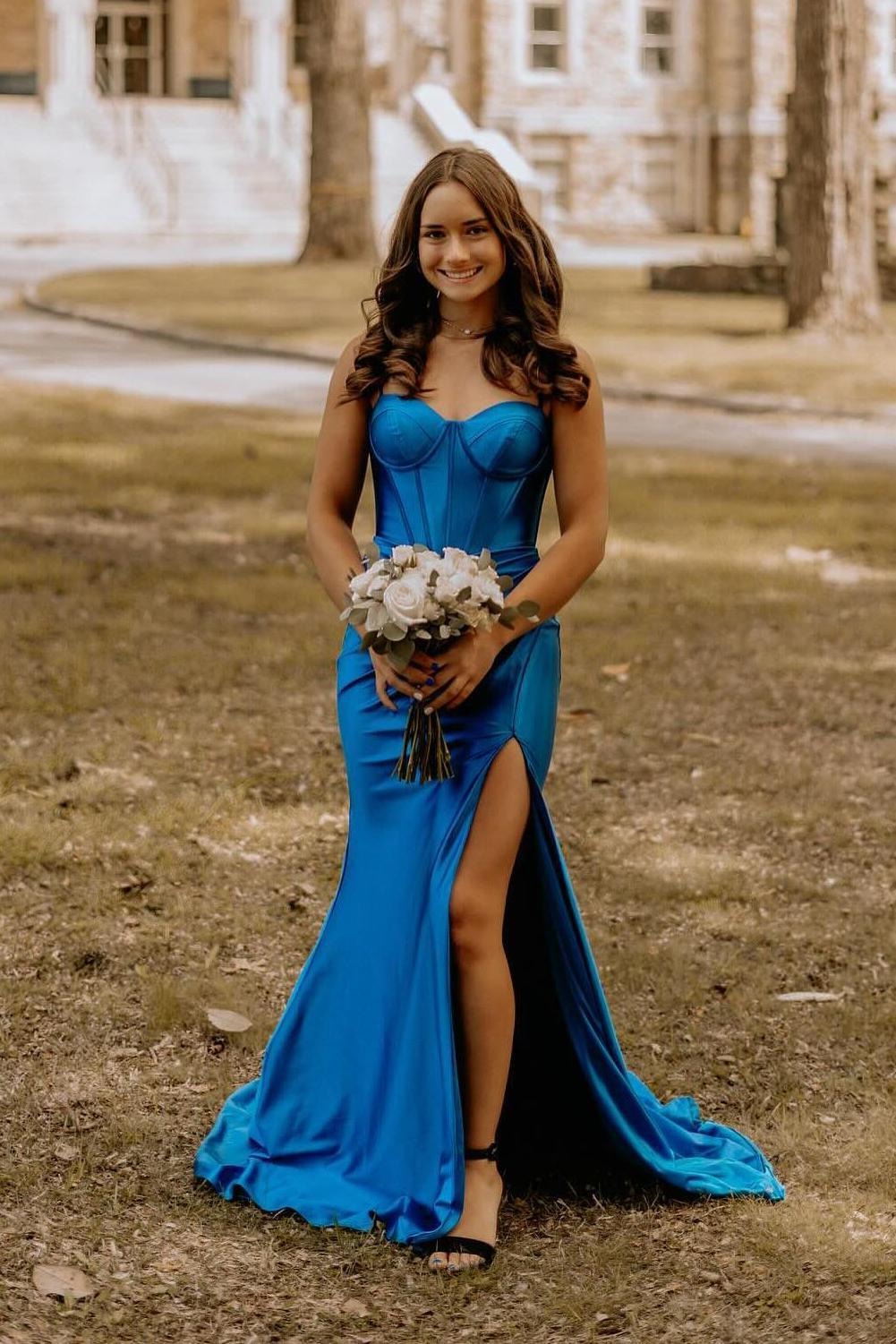 Mermaid Sweetheart Royal Blue Satin Slit Prom Dresses