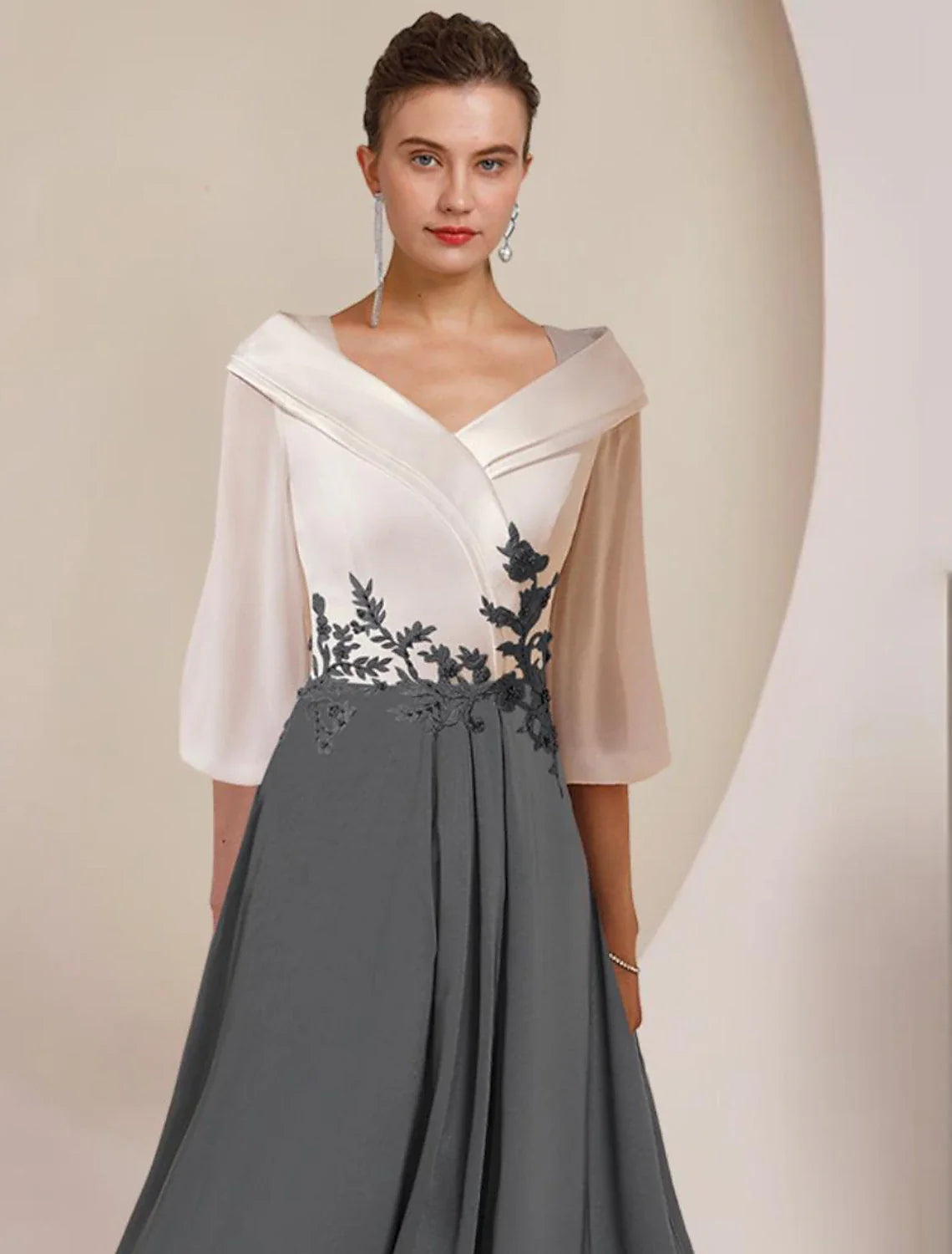 Aimishang A-Line Mother of the Bride Dress Formal Wedding Guest Elegant High Low V Neck Asymmetrical Tea Length Chiffon Lace 3/4 Length Sleeve with Pleats Appliques Color Block