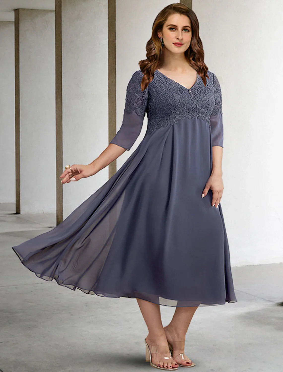 A-Line Mother of the Bride Dresses Plus Size Hide Belly Curve Elegant Dress Formal Tea Length Half Sleeve V Neck Chiffon with Buttons Appliques Fall