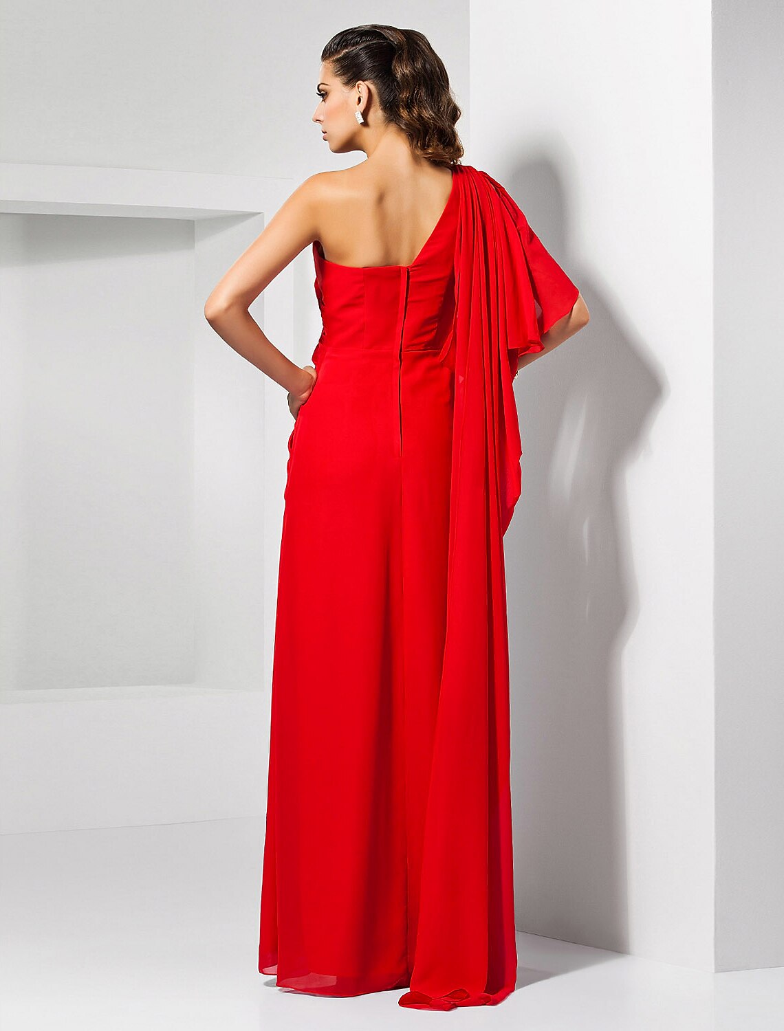 Weitese Sheath Red Green Dress Empire Wedding Guest Formal Evening Dress One Shoulder Sleeveless Floor Length Chiffon with Draping Slit
