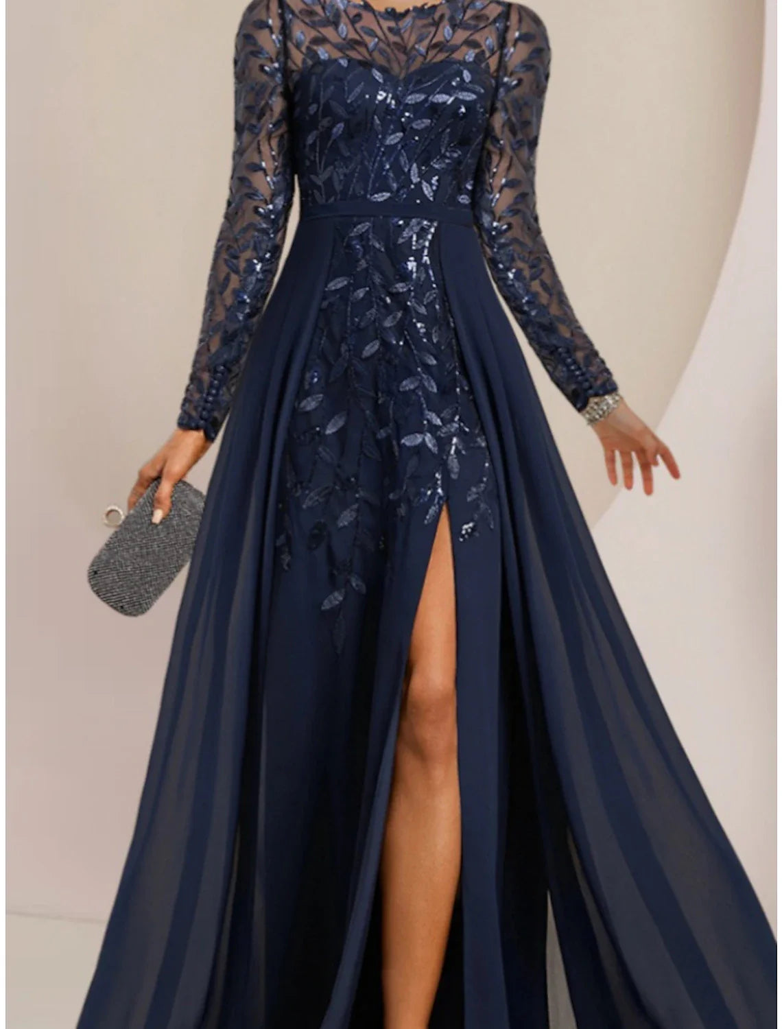 Aimishang A-Line Mother of the Bride Dress Wedding Guest Elegant Jewel Neck Floor Length Chiffon Lace Sequined Long Sleeve with Split Front Ruching Solid Color