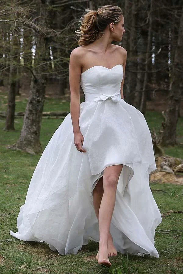 Special High Low Asymmetrical Sweetheart Sleeveless Organza Applique Wedding Dress