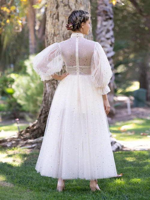 Aimishang Elegant Stand Collar with Ruffle Cuffs front Slit Prom Dress