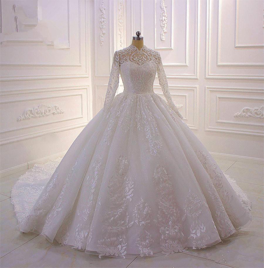 High-neck Long Sleeves Ball Gown Wedding Dress with Ruffles and Lace Appliques