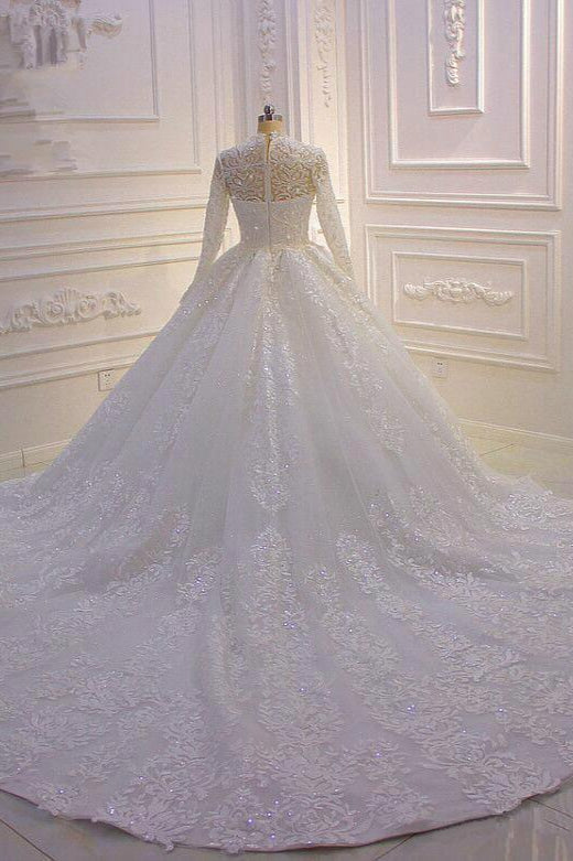 High-neck Long Sleeves Ball Gown Wedding Dress with Ruffles and Lace Appliques