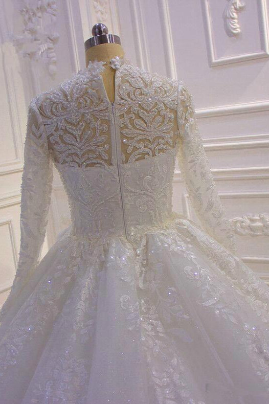 High-neck Long Sleeves Ball Gown Wedding Dress with Ruffles and Lace Appliques