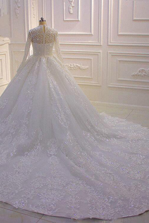 High-neck Long Sleeves Ball Gown Wedding Dress with Ruffles and Lace Appliques