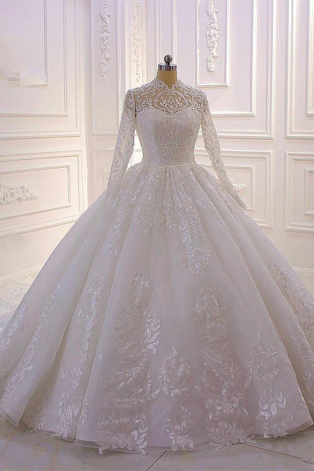 High-neck Long Sleeves Ball Gown Wedding Dress with Ruffles and Lace Appliques