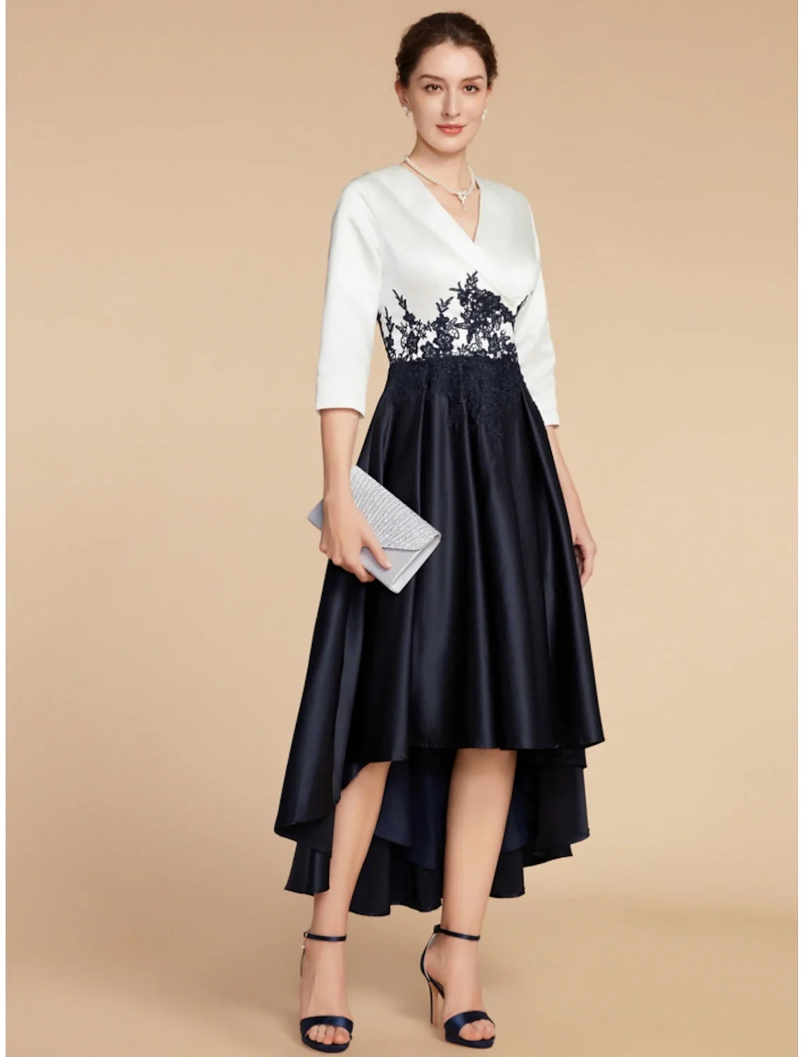 Aimishang  A-Line Mother of the Bride Dress Wedding Guest Elegant Petite V Neck Asymmetrical Satin Lace Half Sleeve with Ruching