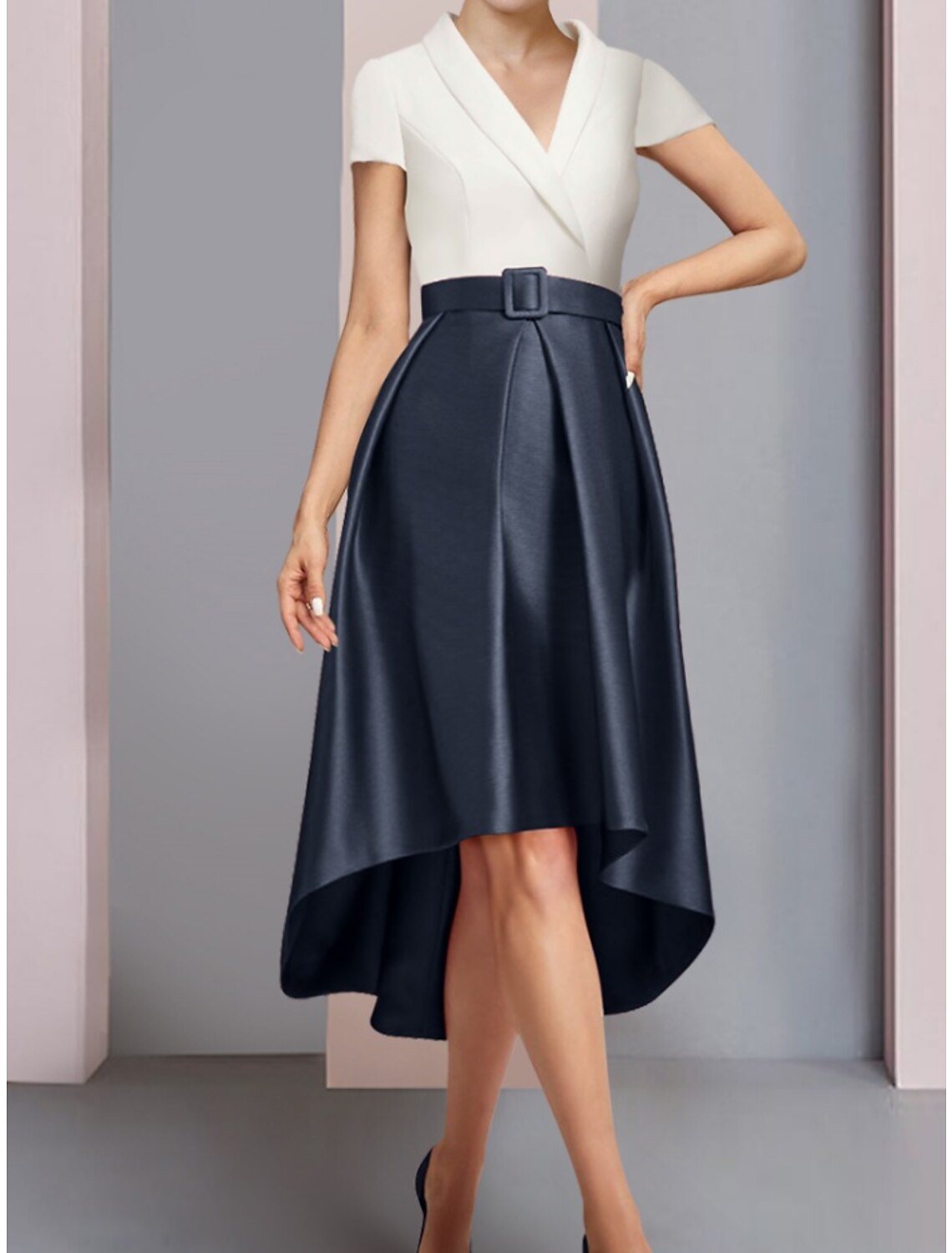 Aimishang A-Line Mother of the Bride Dress Wedding Guest Elegant Petite V Neck Asymmetrical Satin Short Sleeve with Ruching
