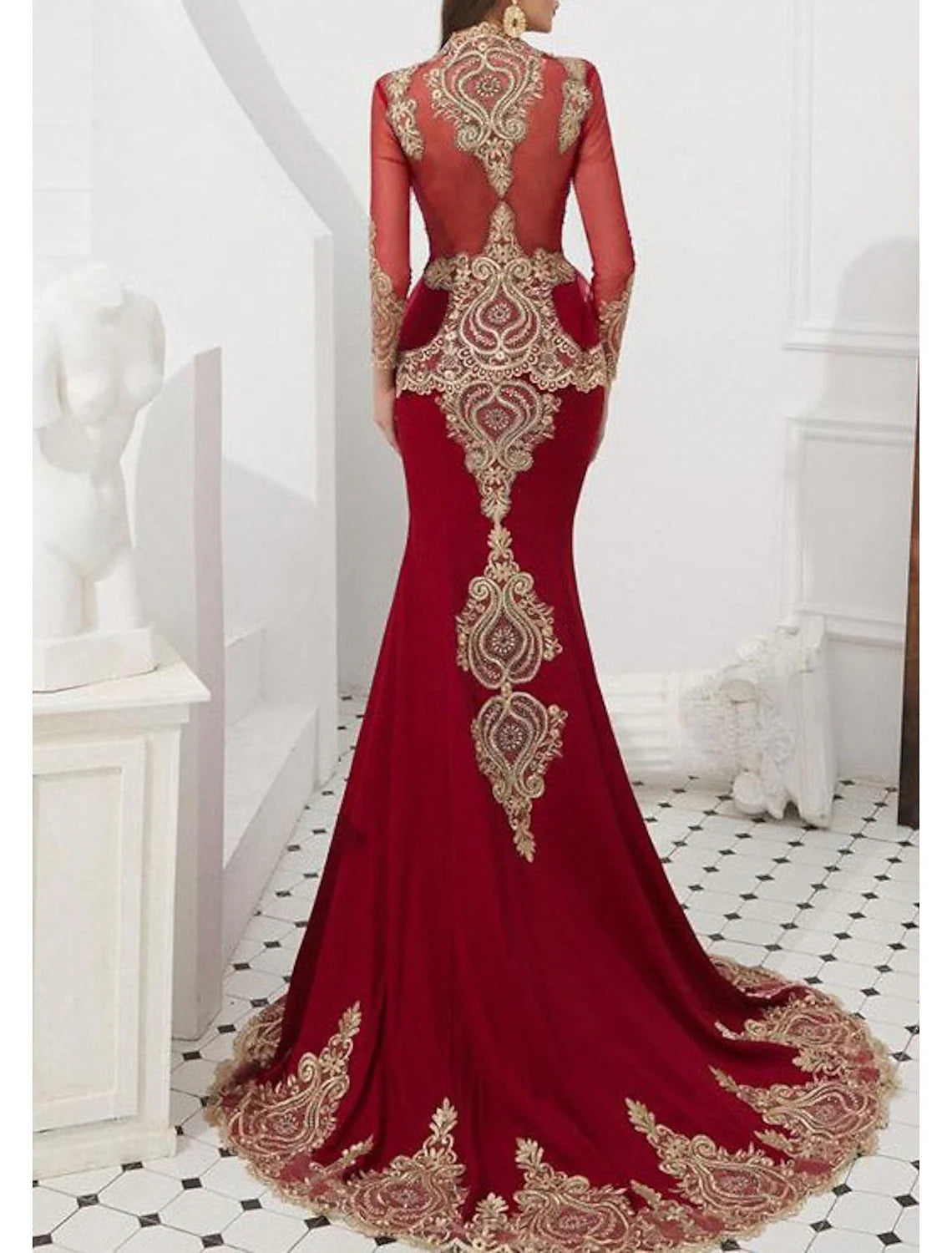 Aimishang Mermaid Black Dress Evening Gown Black Dress Vintage Halloween Engagement Court Train Long Sleeve High Neck Wednesday Addams Family Satin with Appliques