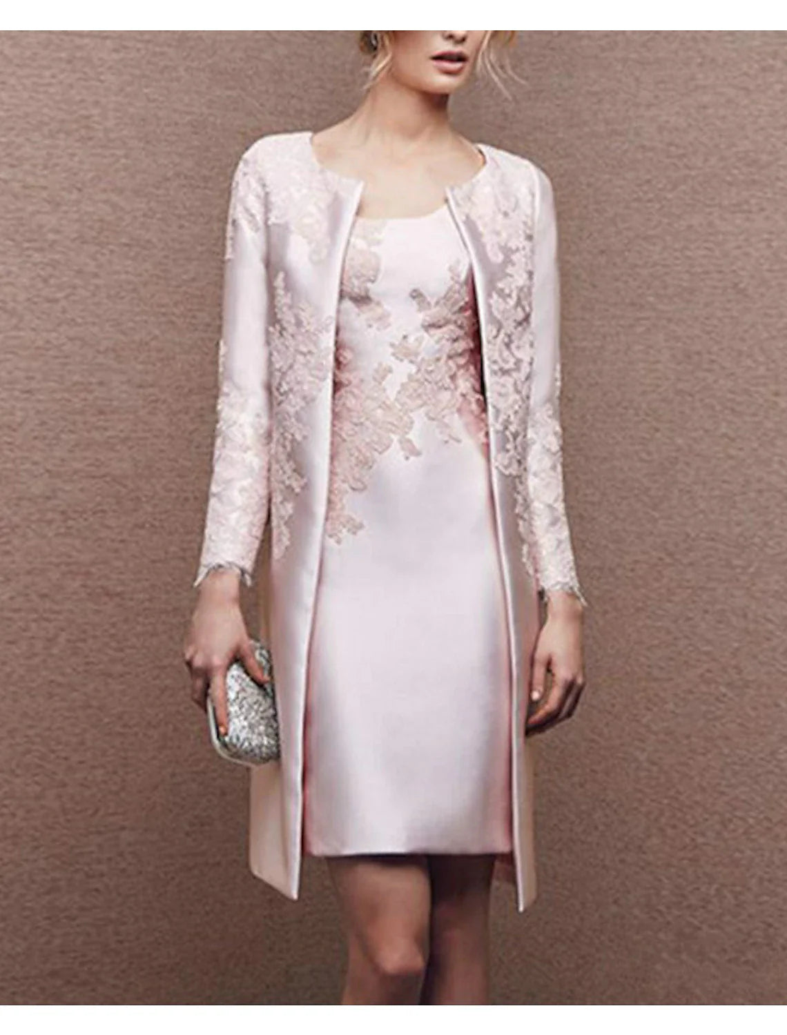 Two Piece Sheath / Column Mother of the Bride Dress Fall Wedding Guest Dresses Church Plus Size Elegant Scoop Neck Knee Length Satin Lace Sleeveless Wrap Included Jacket Dresses with Appliques