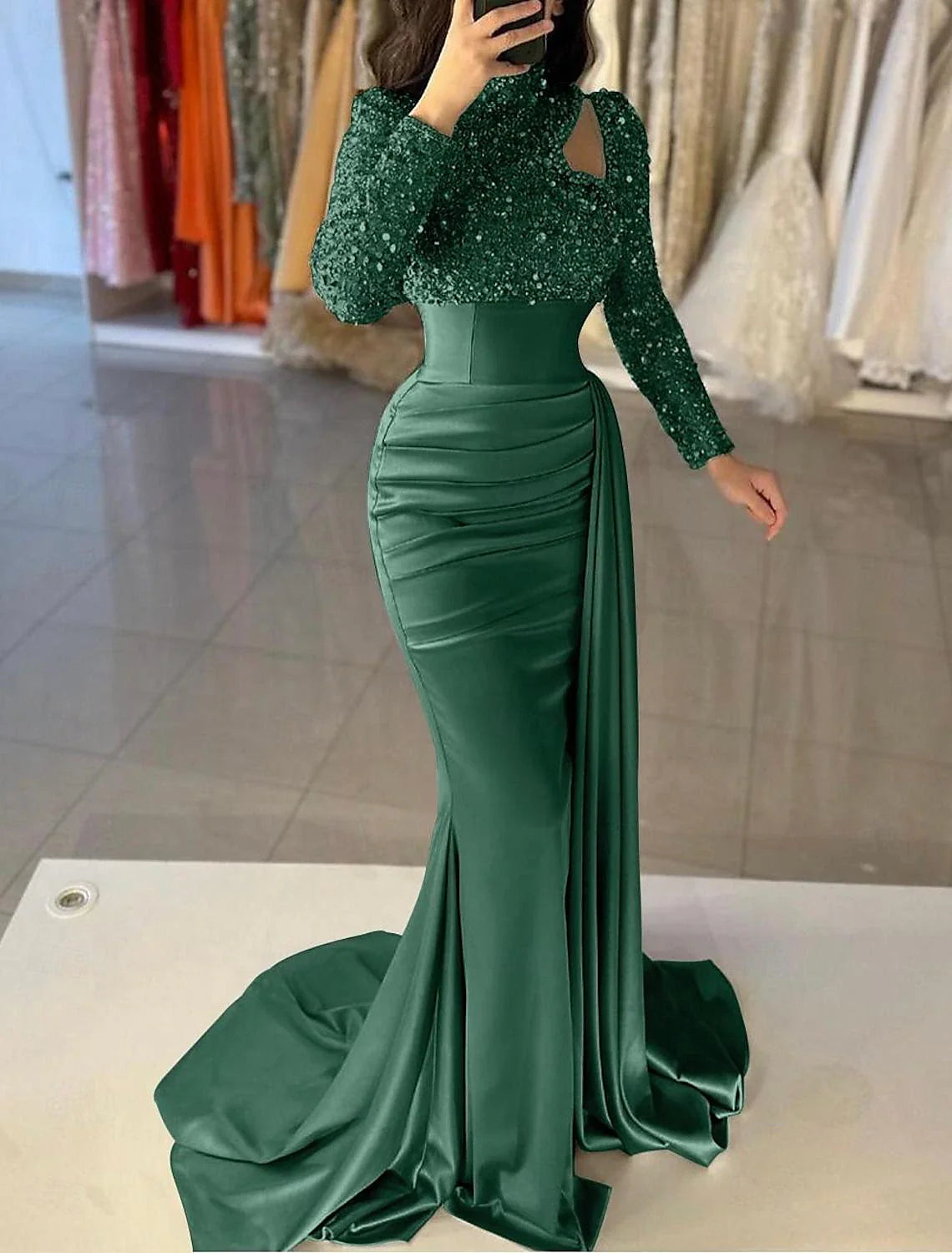 Aimishang Mermaid / Trumpet Evening Gown Elegant Dress Formal Sweep / Brush Train Long Sleeve High Neck Satin with Pearls Sequin