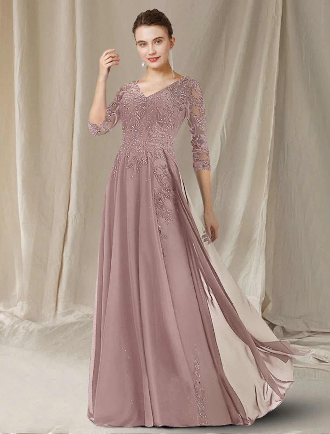 A-Line Mother of the Bride Dress Elegant V Neck Floor Length Chiffon Lace Sequined Half Sleeve with Sequin Appliques