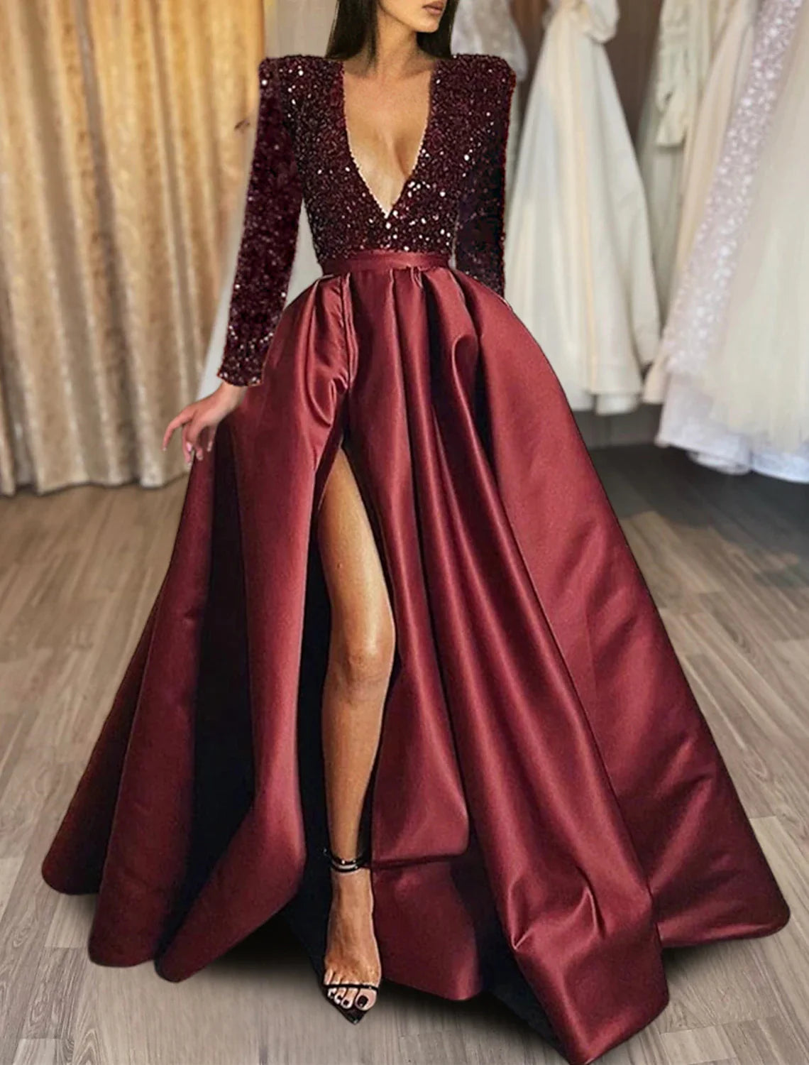 A-Line Evening Gown Red Green Dress Formal Black Dress Plus Size Wedding Court Train Half Sleeve V Neck Satin with Sequin Slit