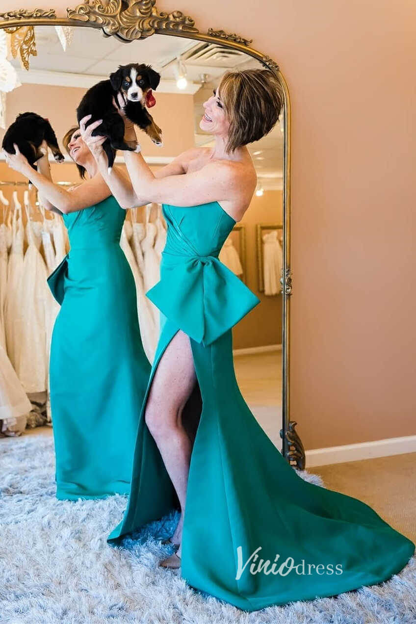 Hot Pink Satin Prom Dresses with Slit, Strapless Mermaid Dress with Bow FD3267