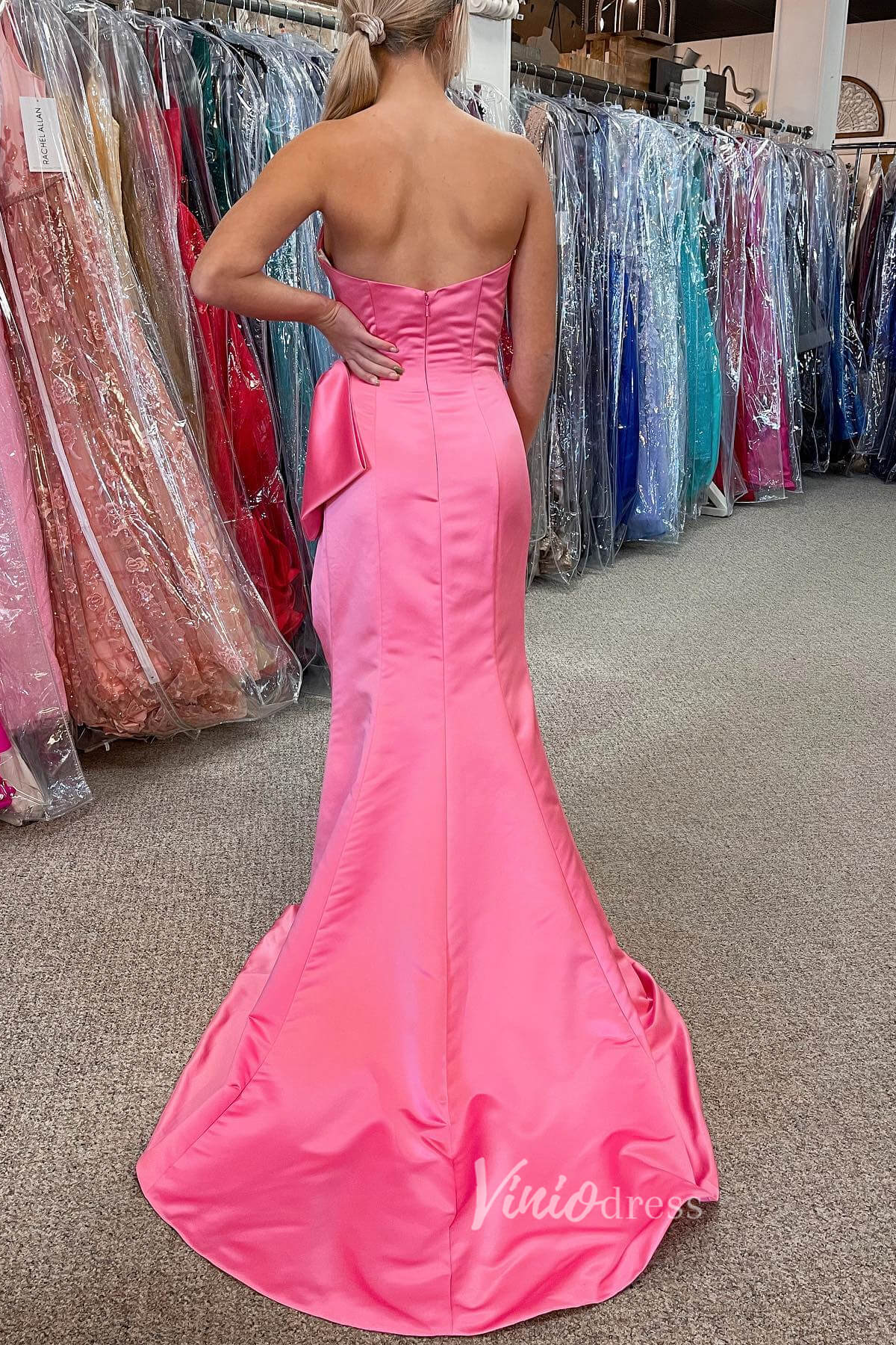 Hot Pink Satin Prom Dresses with Slit, Strapless Mermaid Dress with Bow FD3267