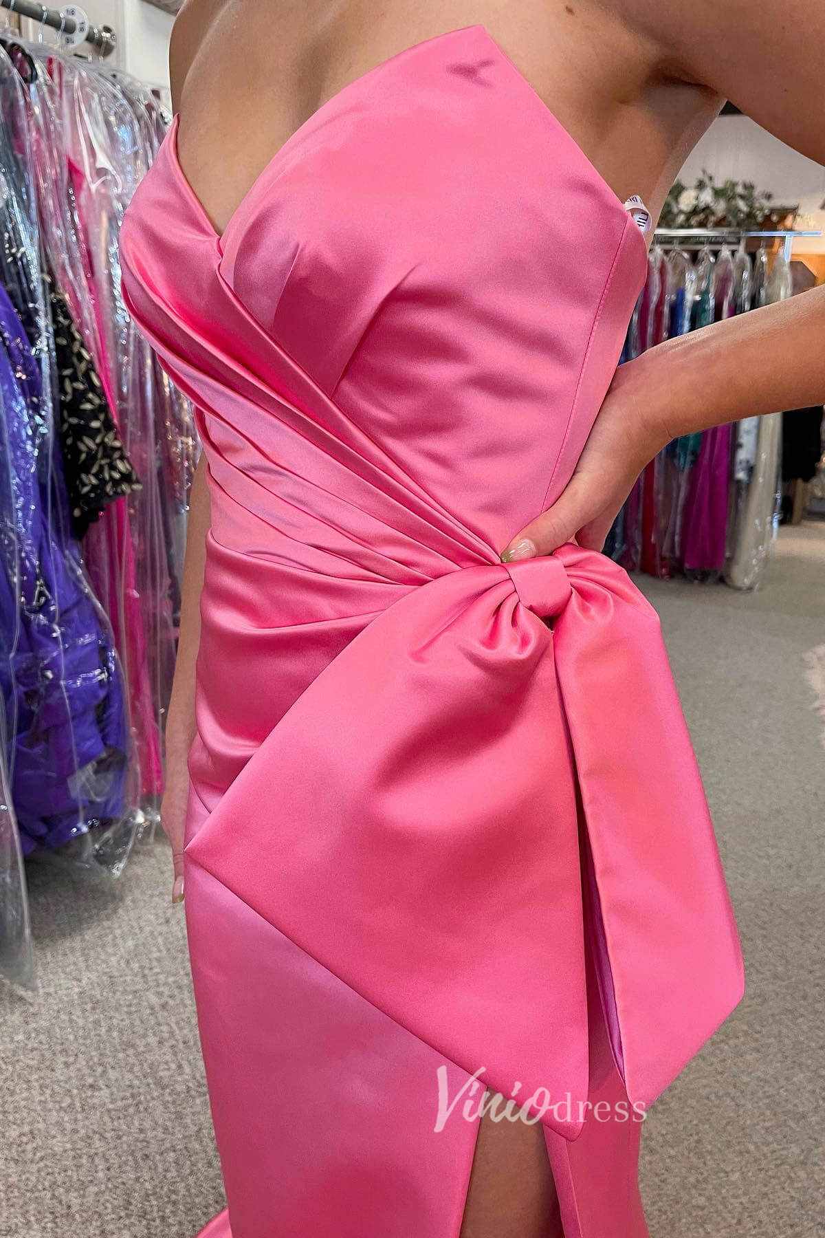 Hot Pink Satin Prom Dresses with Slit, Strapless Mermaid Dress with Bow FD3267