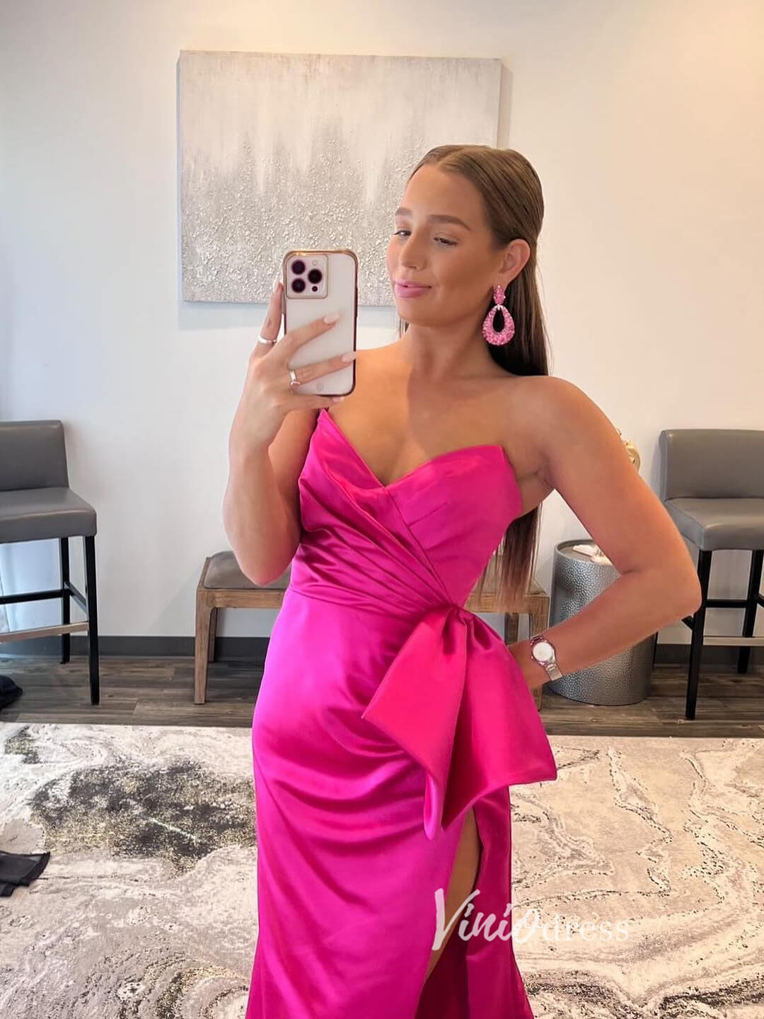 Hot Pink Satin Prom Dresses with Slit, Strapless Mermaid Dress with Bow FD3267