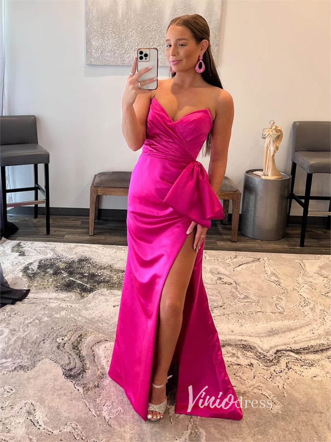Hot Pink Satin Prom Dresses with Slit, Strapless Mermaid Dress with Bow FD3267