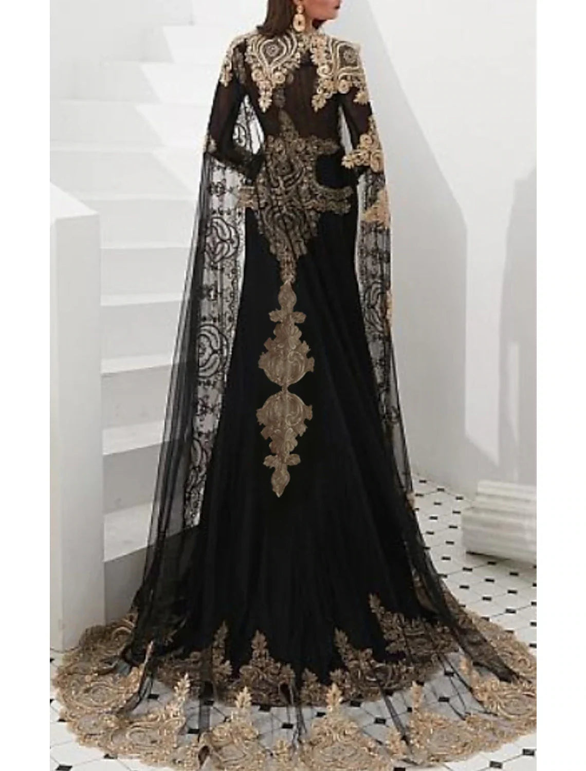 Aimishang Mermaid Black Dress Evening Gown Black Dress Vintage Halloween Engagement Court Train Long Sleeve High Neck Wednesday Addams Family Satin with Appliques