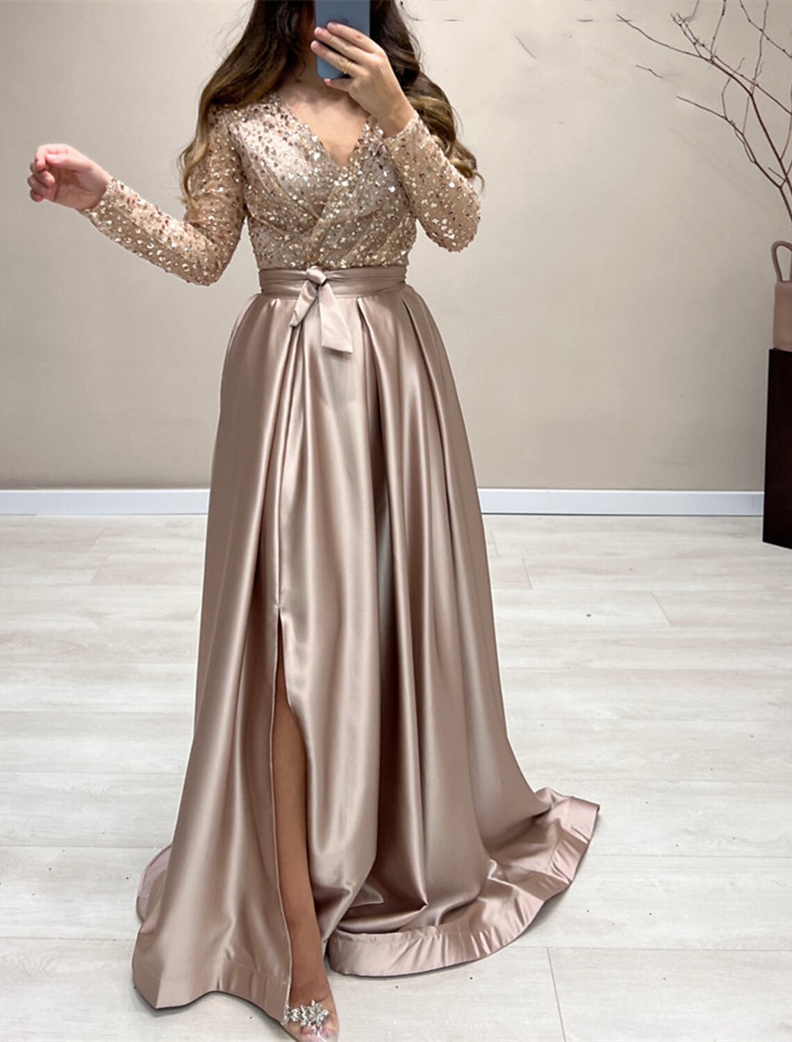 A-Line Evening Gown Elegant Dress Wedding Guest Fall Court Train Long Sleeve V Neck Satin with Pearls Strappy