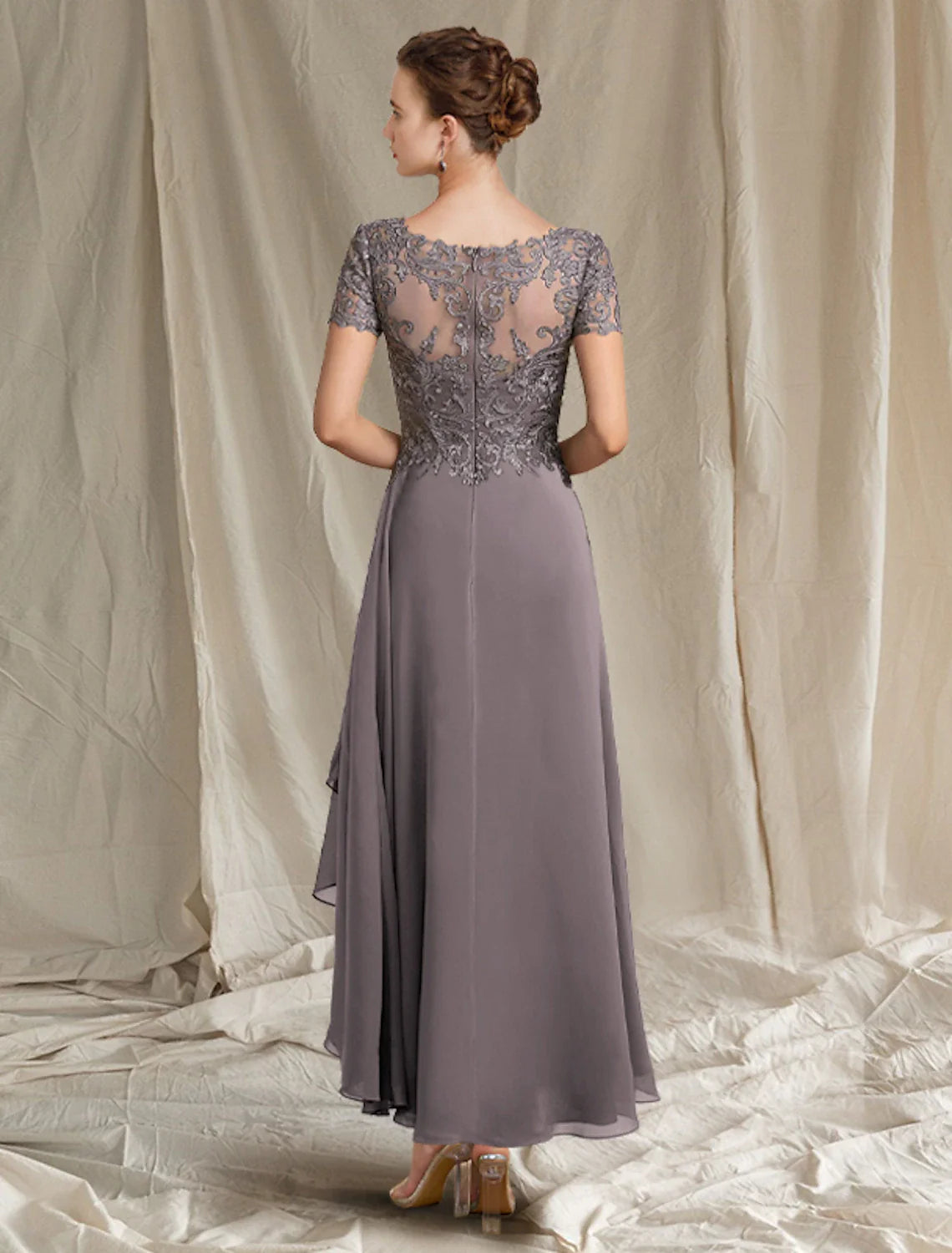 Aimishang  A-Line Mother of the Bride Dress Fall Wedding Guest Plus Size Elegant High Low V Neck Tea Length Chiffon Lace Short Sleeve with Pleats Appliques