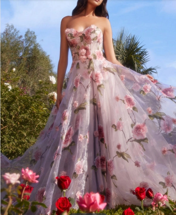 Aimishang Charming A-Line/Princess Strapless Long Prom Floral Dresses With Split Side