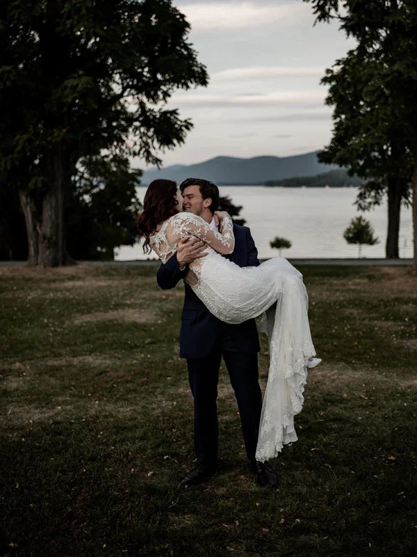 Dreamy Lace Sweetheart Neckline Long Seleeve Mermaid Wedding Dresses Elegant