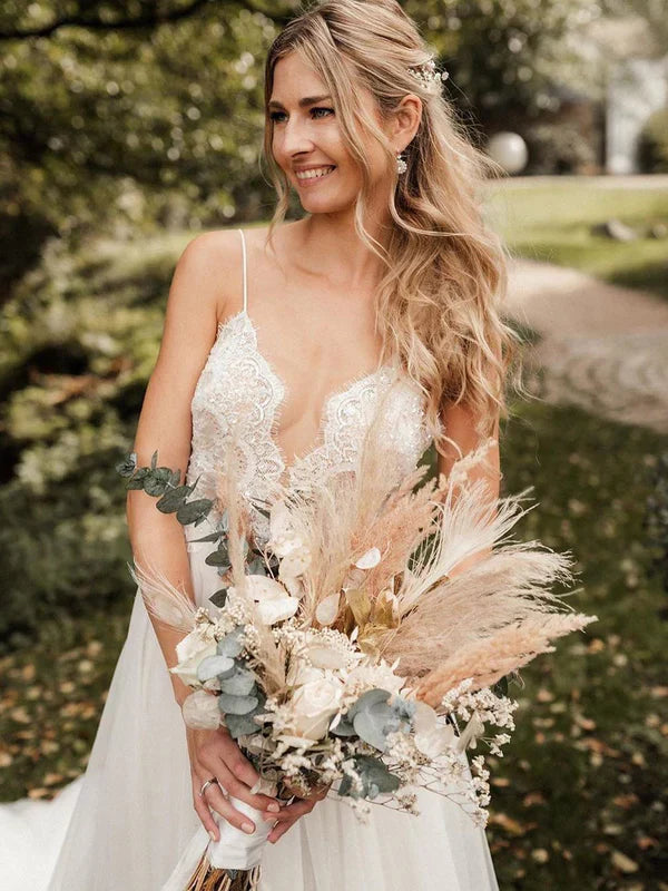 Tulle Illusion Sleeveless Beaded Spaghetti Straps V-Neck Backless A-line Sweep Train Wedding Dresses Charming