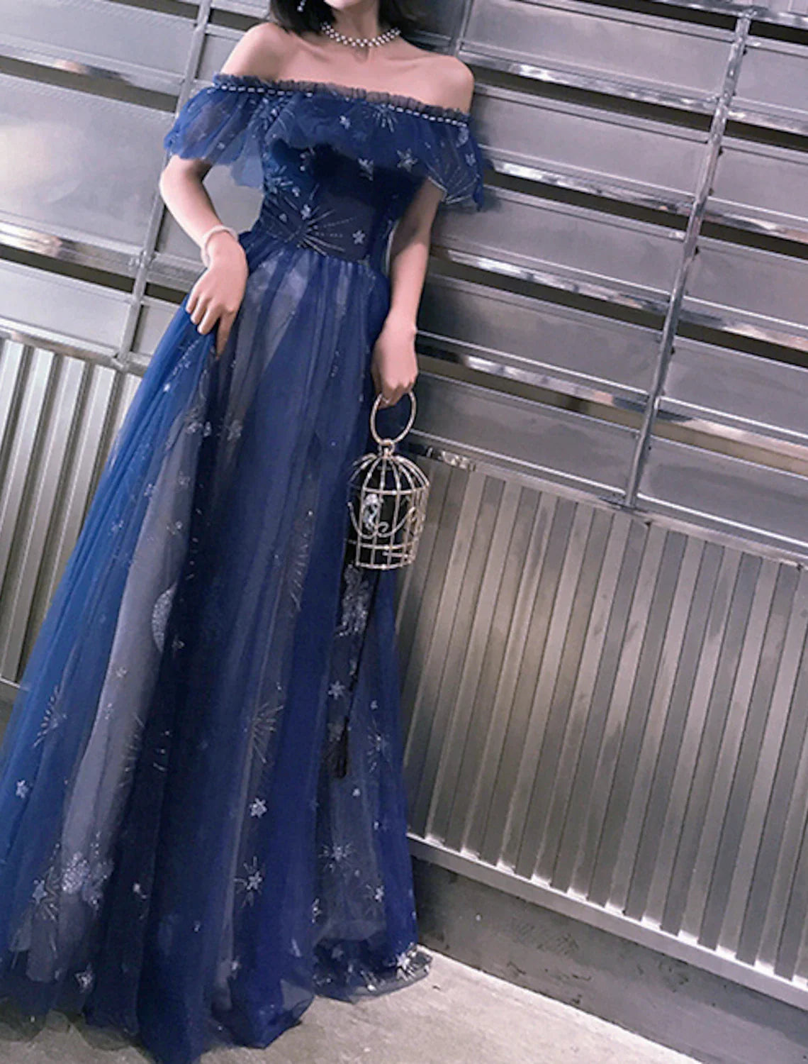 Aimishang A-Line Fairy Prom Dress Sparkle Party Dress Off Shoulder Short Sleeve Floor Length Tulle with Sequins Embroidery Bridesmaid Formal Evening