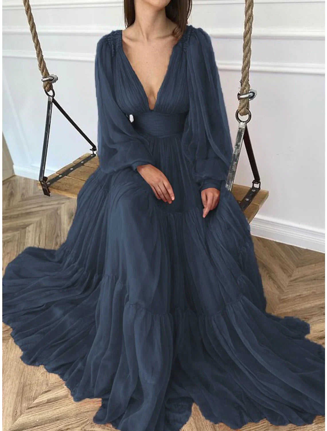 A-Line Evening Gown Elegant Dress Red Green Dress Formal Wedding Guest Floor Length Long Sleeve V Neck Chiffon with Ruched