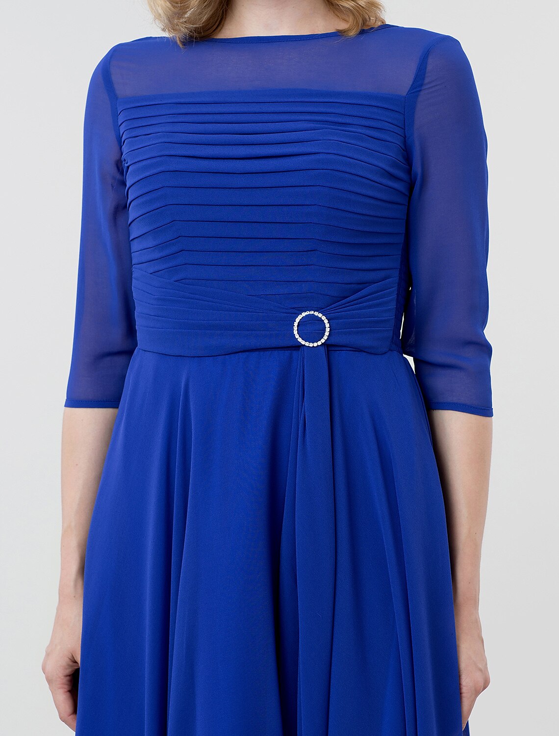 A-Line Elegant Formal Evening Wedding Party Dress Boat Neck 3/4 Length Sleeve Tea Length Georgette with Ruched Crystal Brooch 2024 / Illusion Sleeve