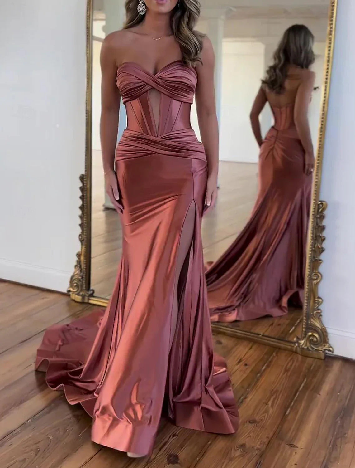 Aimishang A-Line Prom Dresses Elegant Dress Formal Floor Length Sleeveless Strapless Satin with Ruched Slit Sexy Evening Dress