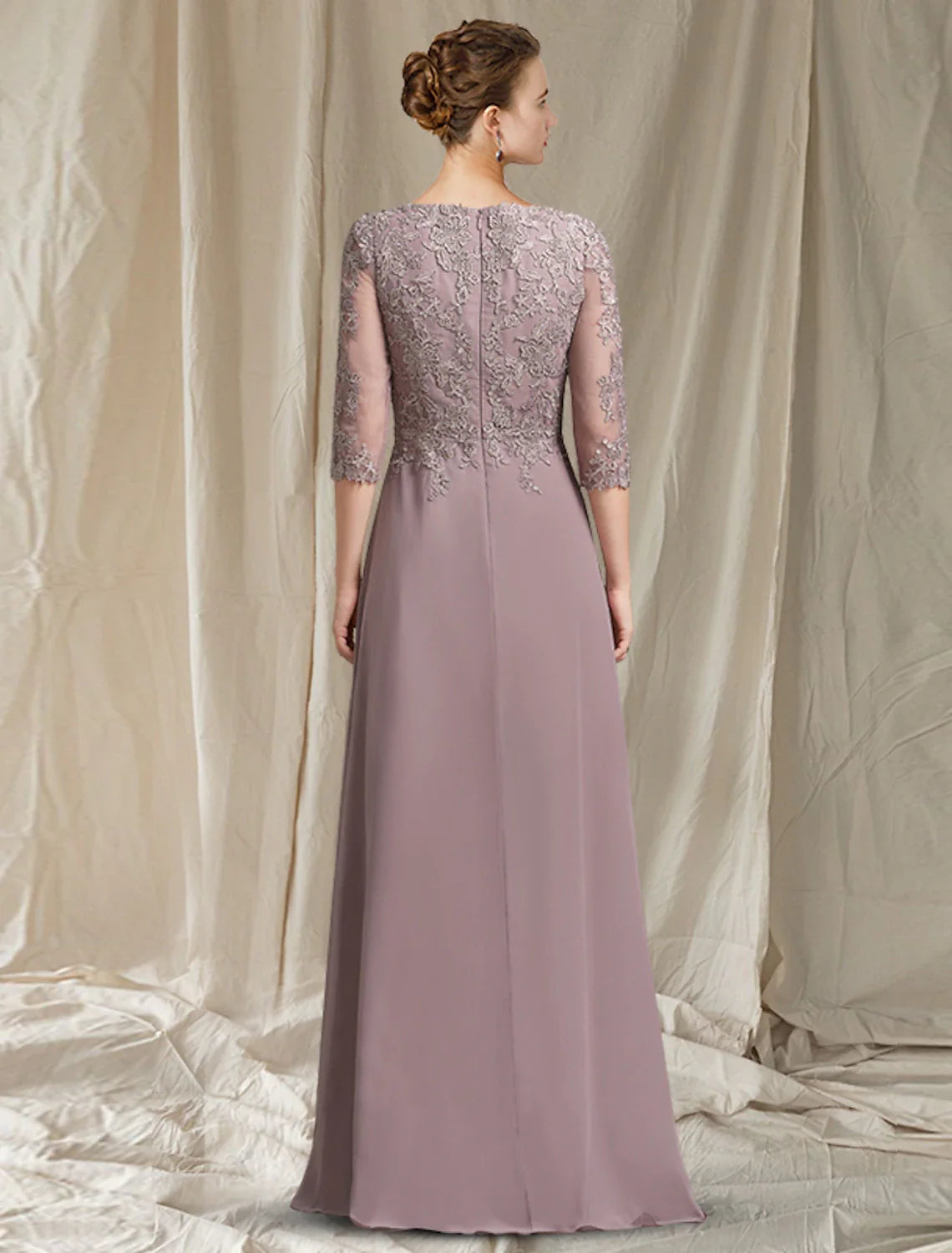 Wholesale A-Line Mother of the Bride Dress Elegant Jewel Neck Floor Length Chiffon Lace 3/4 Length Sleeve with Appliques