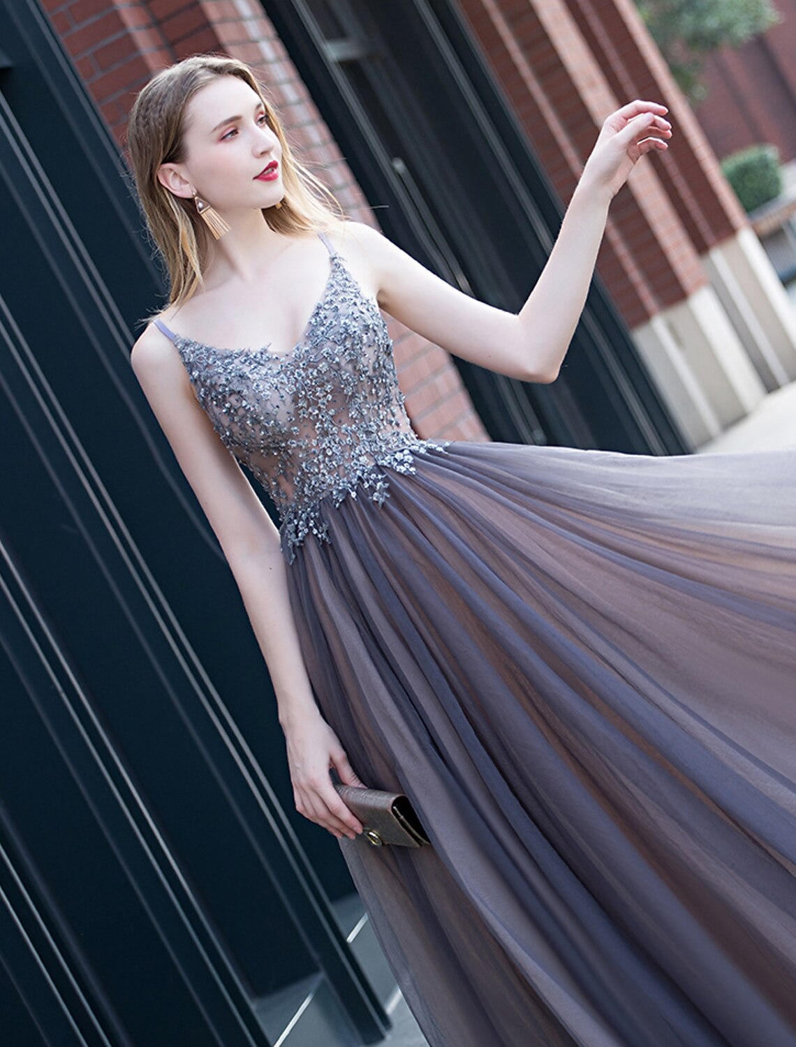 Aimishang A-Line Minimalist Elegant Party Wear Prom Dress V Neck Sleeveless Floor Length Tulle with Pleats Appliques