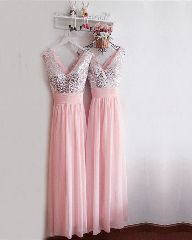 Lovely Sequins V-neck Chiffon Long Bridesmaid Dresses For Bridal Party