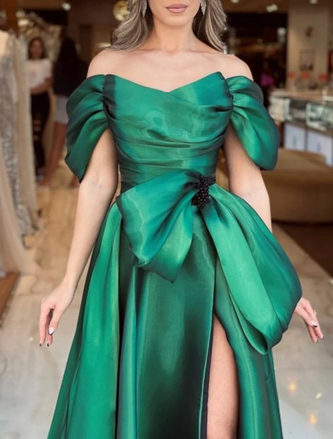 A-Line Evening Gown Party Dress Sparkle & Shine Dress Formal Wedding Reception Chapel Train Short Sleeve Off Shoulder Satin with Bow(s) Ruched Beading