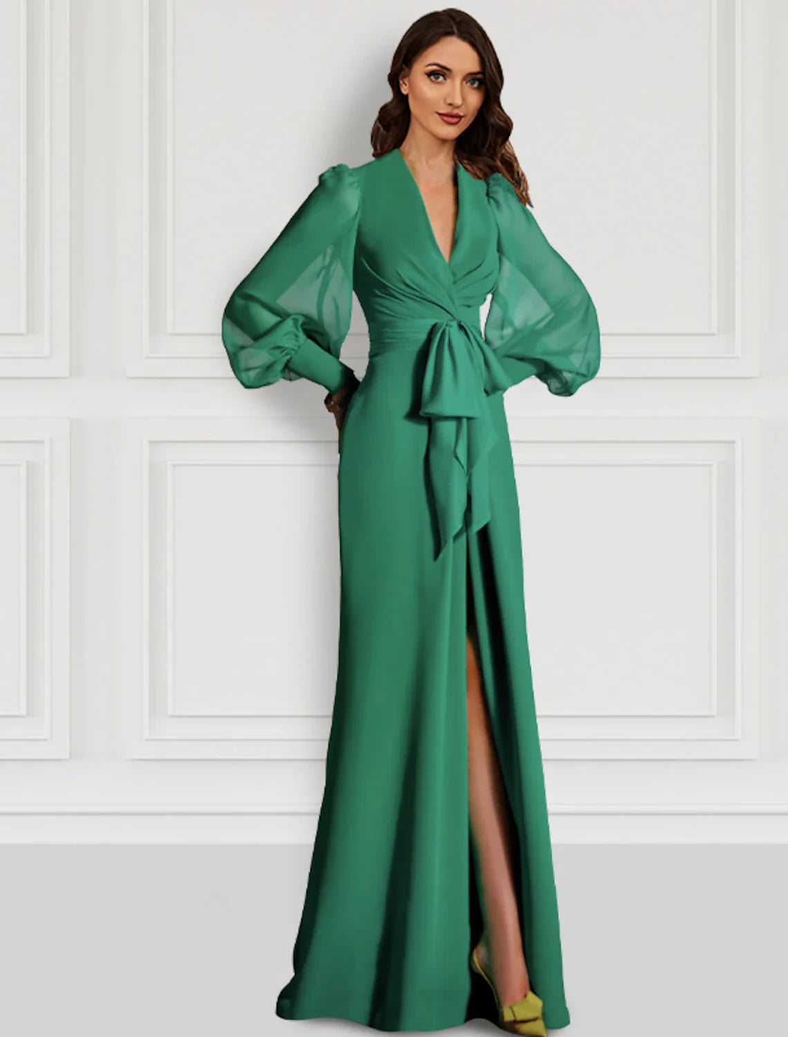 Aimishang Mermaid Christmas Green Dress Evening Gown Elegant Dress Formal Wedding Guest Sweep / Brush Train Long Sleeve V Neck Fall Wedding Guest Chiffon with Slit Strappy
