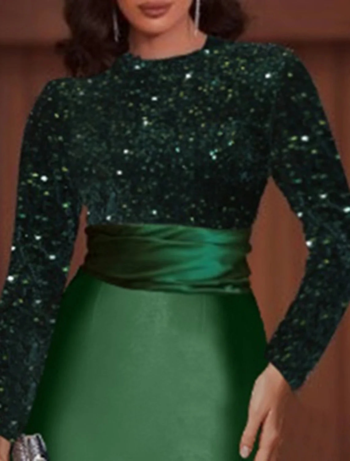 Sheath Evening Gown Elegant Dress Red Green Dress Knee Length Long Sleeve High Neck Satin with Sequin
